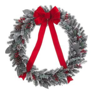 36 in. Snowy PVC Artificial Wreath with Pinecones and Red Accents
