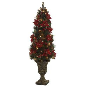 6.5 ft. Pre-Lit Potted Dark Green Artificial Christmas Tree with Clear Lights and Poinsettias
