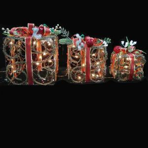 9-15 in. Lighted Decorated Rattan Presents (Set of 3)