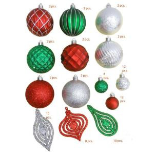 Red, Green and Silver Assorted Shatter-Resistant Ornaments (76- Piece)