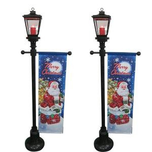 6 ft. Black Lamp Post with Santa in Chimney Banner (Set of 2)