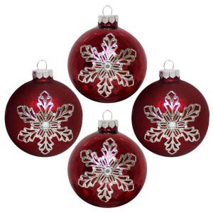 3.25 in. Shiny and Matte Red Finish Round with Metal Snowflake Ornament (4-Count)