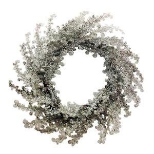 24 in. Diameter Lit Plastic Beaded Silver Artificial Wreath