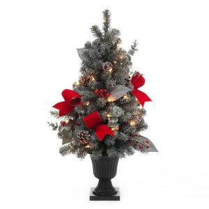 32 in. Pre-Lit Snowy Potted Artificial Christmas Tree with Pinecones and Red Berries