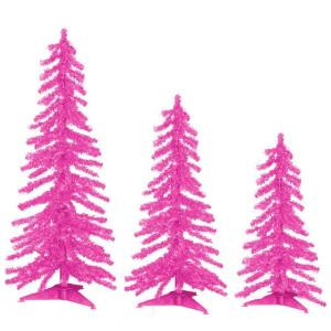 2 ft., 3 ft. and 4 ft. Pre-Lit Pink Tinsel Alpine Artificial Christmas Tree with Pink Lights (Set of 3)