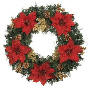 24 in. Silk Poinsettia and Berry Artificial Wreath (Pack of 6)