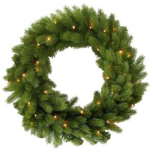 30 in. Feel-Real Down Swept Deluxe Douglas Artificial Wreath with 50 Soft White LED Battery Operated Lights with Timer