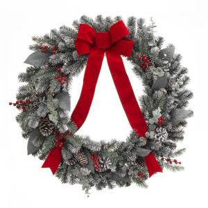 30 in. Snowy Artificial Wreath with Pinecones and Bow
