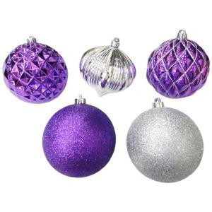 6 in. Purple and Silver Assorted Shatter-Resistant Ornaments (5-Piece)