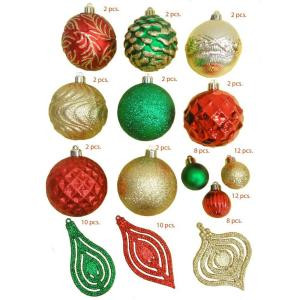 Red, Gold and Green Assorted Shatter-Resistant Ornament (76-Piece)