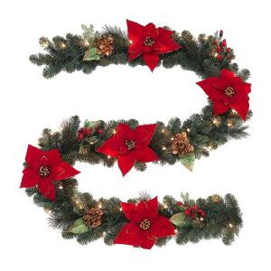 9 ft. Pre-Lit Silk Poinsettia Garland with Red Berries and Magnolia Leaves