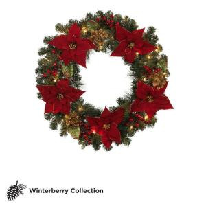 Winterberry 32 in. Pre-Lit Red Poinsettia Artificial Wreath with Mini White Lights