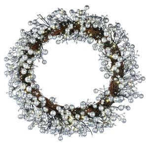 48-Light LED Silver 24 in. Battery Operated Berry Wreath with Timer