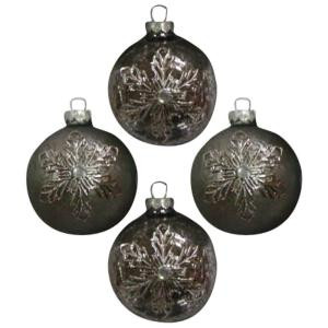 3.25 in. Shiny and Matte Silver Finish Round Ornament with Metal Snowflake Embellishment (4-Count)