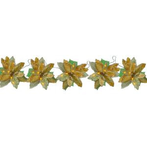 30-Light Battery Operated LED Gold 5-Poinsettia Flower Garland