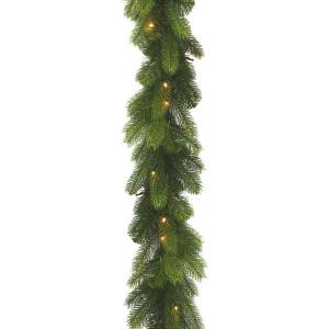 9 ft. Feel-Real Down Swept Deluxe Douglas Fir Garland with 50 Soft White LED Battery Operated Lights and Timer