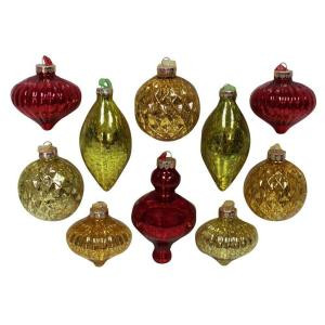 3 in., 4.25 in. and 5 in. Acid Finish Red, Green and Gold Mixed Shapes with Tone on Tone Ribbon Ornament