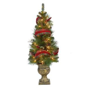51 in. Pre-Lit Red Ribbon Porch Artificial Christmas Tree with Pinecones and Berries