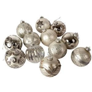 4 in. Silver and White Decorated Glass Ornaments (Set of 12)