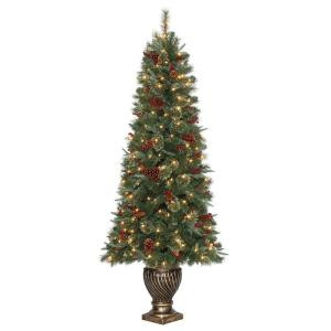 6.5 ft. Pre-Lit Hayden Pine Potted Artificial Christmas Tree with Clear Lights, Pinecones and Berries