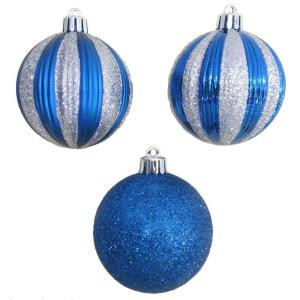 2.7 in. Blue and Silver Striped Shatter-Resistant Ornaments (12-Piece)