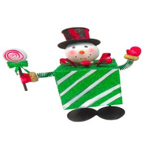10.5 in. W x 11.125 in. H Metal Bouncing Snowman with Green Present Body