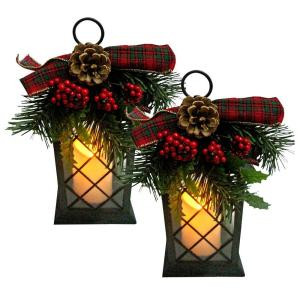 5.5 in. sq. x 11 in. H Plastic Lantern with Red Bow and 3 in. x 4 in. Battery Operated Outdoor Candle (Set of 2)