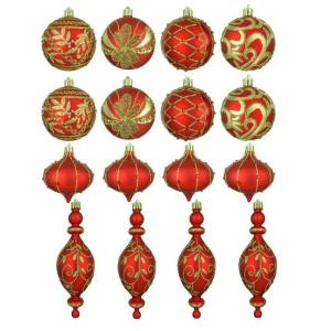 Red and Gold Shatterproof Ornaments in Assorted Shapes (16-Pack)