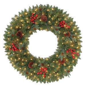 48 in. Pre-Lit Hawkins Artificial Wreath with Clear Lights and Pine Cones, Berries and Twigs
