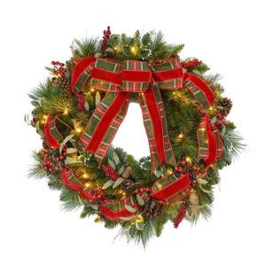 30 in. Pre-Lit Artificial Wreath with Red Velvet Patti Ribbon
