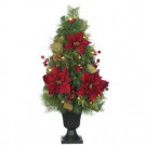32 in. Pre-Lit Burgundy Silk Poinsettia and Berry Artificial Christmas Tree