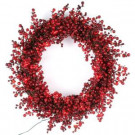48-Light LED Red 24 in. Battery Operated Holly Berry Wreath with Timer